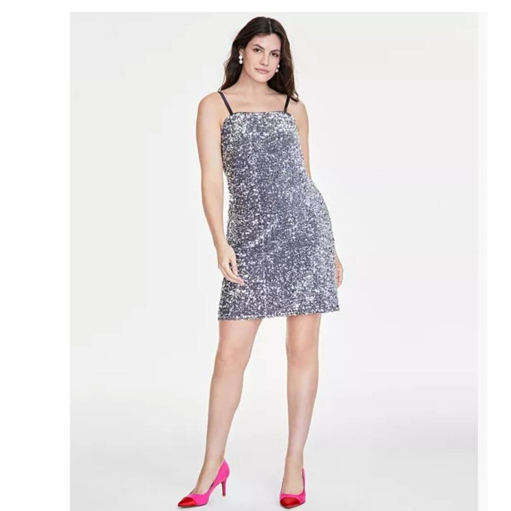 Womens Silver Sequin Spaghettl Strap Sheath Mini Dress, XL, NWT